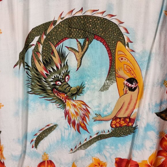 Vintage Red Dragon Hawaiian Shirt By Kennington L Floral Surf Print Short Sleeve - Picture 2 of 8